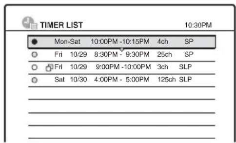 TIMER LIST 10:30PM Mon-Sat 10:00PM -10:15PM 4ch SP Fri 10/29 8:30PM - 9:30PM 25ch SP Fri 10/29 9:00PM -10:00PM 3ch SLP Sat 10/30 4:00PM - 5:00PM 125ch SLP