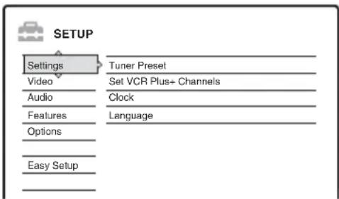 SETUP Settings Tuner Preset Video Set VCR Plus+ Channels Audio Clock Features Language Options Easy Setup