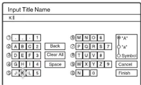 Input Title Name K I ① . . . 1 ② A B C 2 Back ③ D E F 3 Clear All ④ G H I 4 Space ⑤ J K L 5 ⑥ M N O 6 ⑦ P Q R S 7 ⑧ T U V 8 ⑨ W X Y Z 9 ⑩ N 0 ●*A" ○*a" ○Symbol Cancel Finish