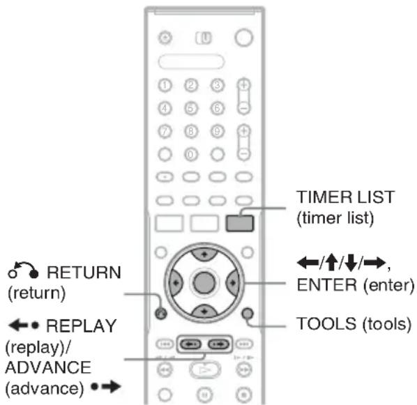 TIMER LIST (timer list) ←/↑/↓/→, ENTER (enter) TOOLS (tools) RETURN (return) REPLAY (replay)/ ADVANCE (advance)