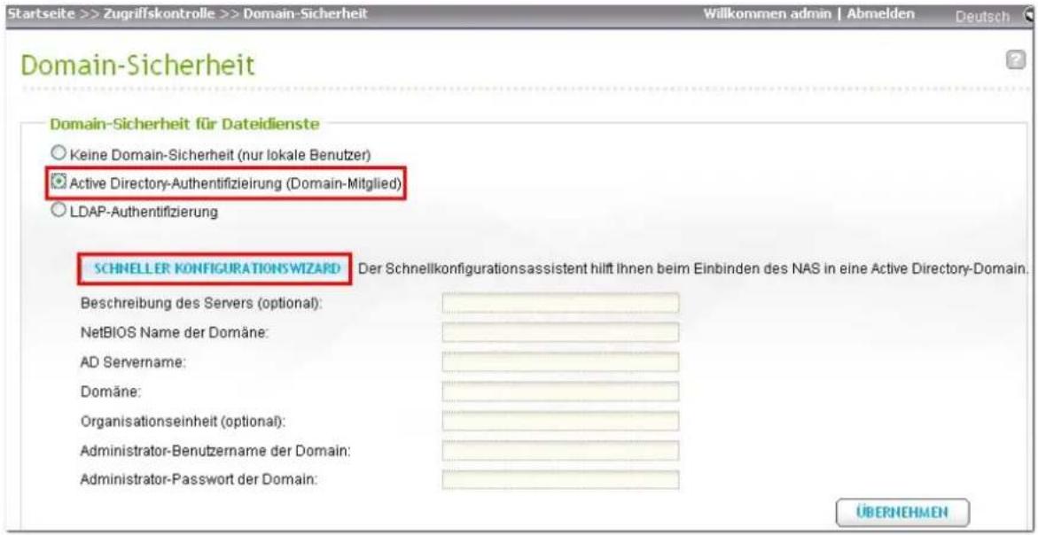 Startseite >> Zugriffskontrolle >> Domain-Sicherheit Willkommen admin | Abmelden Deutsch Domain-Sicherheit Domain-Sicherheit für Dateidienste Keine Domain-Sicherheit (nur lokale Benutzer) Active Directory-Authentifizierung (Domain-Mitglied) LDAP-Authentifizierung SCHNEELLER KONFIGURATIONSWIZARD Der…