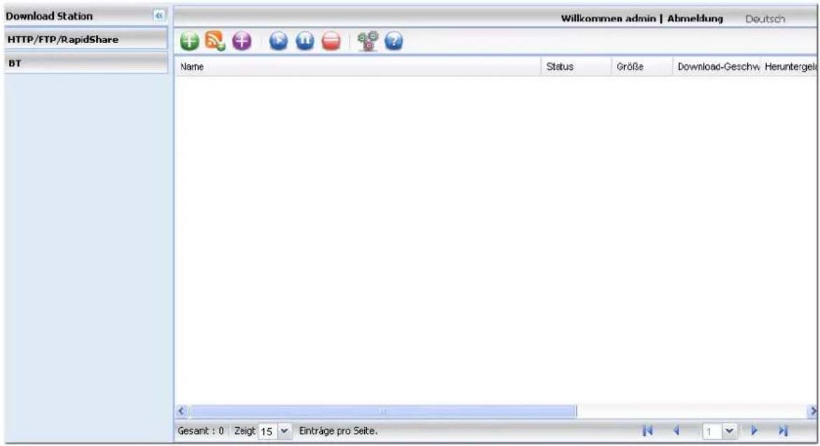 Download Station HTTP/FTP/RapidShare BT Willkommen admin | Abmeldung Deutsch Name Status Größe Download-Geschw.Heruntergel Gesamt : 0 Zeigt 15 Einträge pro Seite.