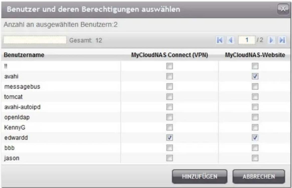 Benutzer und deren Berechtigungen auswählen Anzahl an ausgewählten Benutzern:2 Gesamt: 12 Benutzername MyCloudNAS Connect (VPN) MyCloudNAS-Website !! □ □ avahi □ ✓ messagebus □ □ tomcat □ □ avahi-autoipd □ □ openldap □ □ KennyG □ □ edwardd ✓ ✓ bbb □ □ jason □ □ HINZUFÜGEN ABBRECHEN