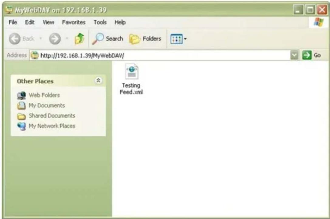MyWebDAV on 192.168.1.39 File Edit View Favorites Tools Help Back Search Folders Address http://192.168.1.39/MyWebDAV/ Other Places Web Folders My Documents Shared Documents My Network Places Testing Feed.xml