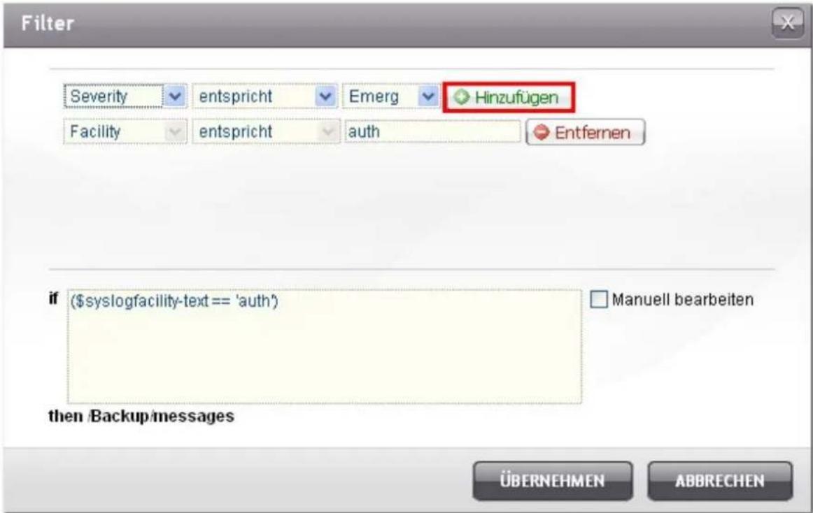 Filter Severity entspricht Emerg Hinzufügen Facility entspricht auth Entfernen if ($syslogfacility-text == 'auth') then Backup/messages Manuell bearbeiten ÜBERNEHMEN ABBRECHEN