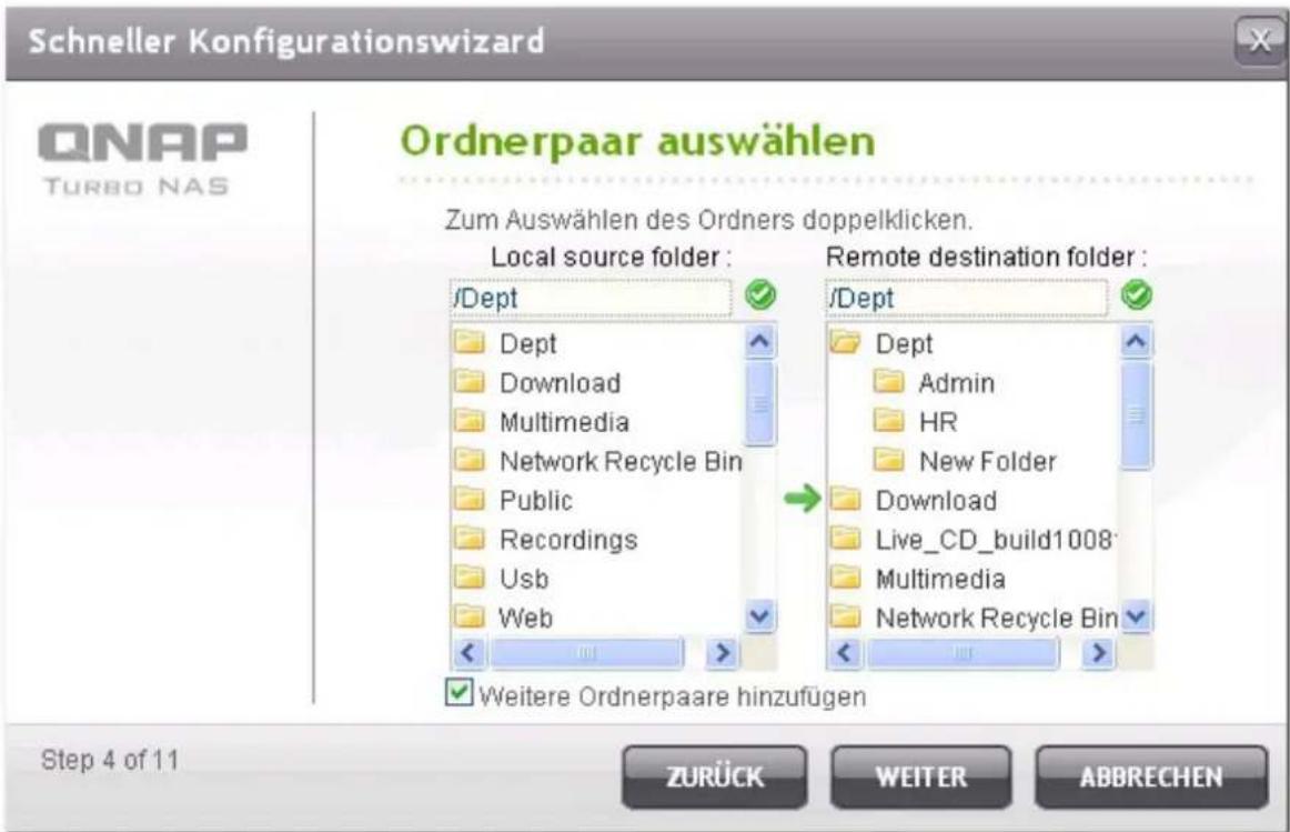 Schneller Konfigurationswizard QNAP TURBO NAS Ordnerpaar auswählen Zum Auswählen des Ordners doppelklicken. Local source folder: /Dept Dept Download Multimedia Network Recycle Bin Public Recordings Usb Web Weitere Ordnerpaare hinzufügen Remote destination folder: /Dept Dept Admin HR New Folder Downl…