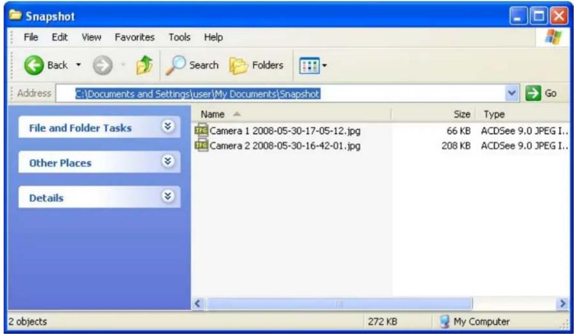 Snapshot File Edit View Favorites Tools Help Back Search Folders Address C:\Documents and Settings\user\My Documents\Snapshot Go File and Folder Tasks Camera 1 2008-05-30-17-05-12.jpg Camera 2 2008-05-30-16-42-01.jpg 66 KB ACDSee 9.0 JPEG I.. 208 KB ACDSee 9.0 JPEG I.. Other Places Details 2 objects…