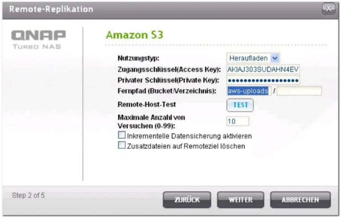 Remote-Replikation QNAP TURBO NAS Amazon S3 Nutzungstyp: Zugangsschlüssel(Access Key): Privater Schlüssel(Private Key): Fernpfad (Bucket/Verzeichnis): Remote-Host-Test Maximale Anzahl von Versuchen (0-99): Inkrementelle Datensicherung aktivieren Zusatzdateien auf Remoteziel löschen Step 2 of 5 ZURÜC…