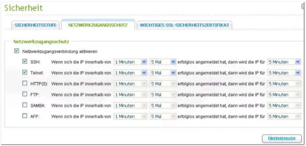 Sicherheit SICHERHEITSSTUFE NETZWERKZUGANGSSCHUTZ WICHTIGES SSL-SICHERHEITSZERTIFIKAT Netzwerkzugangsschutz ✓ Netzwerkzugangsverbindung aktivieren ✓ SSH: Wenn sich die IP innerhalb von 1 Minuten 5 Mal erfolglos angemeldet hat, dann wird die IP für 5 Minuten ✓ Telnet: Wenn sich die IP innerhalb von 1…