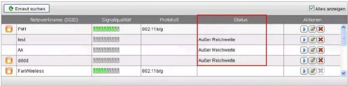 Erneut suchen Alles anzeigen Netzwerkname (SSID) Signalqualität Protokoll Status Aktionen PM1 802.11b/g test Außer Reichweite AA Außer Reichweite dddd Außer Reichweite FanWireless 802.11b/g
