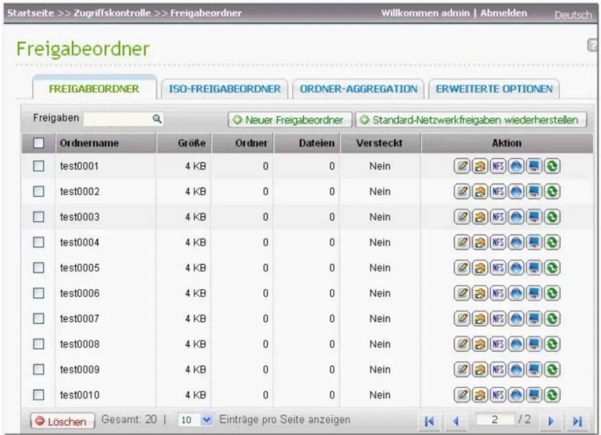 Startseite >> Zugriffskontrolle >> Freigabeordner Willkommen admin | Abmelden Deutsch Freigabeordner FREIGABEORDNER ISO-FREIGABEORDNER ORDNER-AGGREGATION ERWEITERTE OPTIONEN Freigaben Neuer Freigabeordner Standard-Netzwerkfreigaben wiederherstellen Ordernname Große Ordner Dateien Versteckt Aktion te…