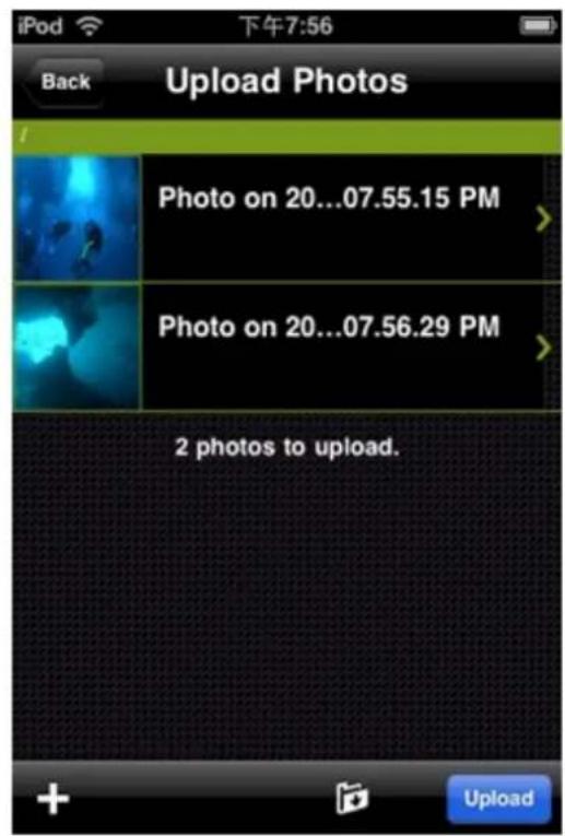 iPod 下午7:56 Back Upload Photos Photo on 20...07.55.15 PM Photo on 20...07.56.29 PM 2 photos to upload.