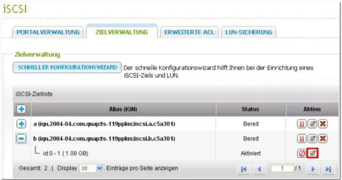 iSCSI PORTALVERWALTUNG ZIELVERWALTUNG ERWEITERTE ACL LUN-SICHERUNG Zielverwaltung SCHNELLER KONFIGURATIONSWIZARD Der schnelle Konfigurationswizard hilft Ihnen bei der Einrichtung eines iSCSI-Ziels und LUN. iSCSI-Zielliste Alias (IQN) Status Aktion a (iqn.2004-04.com.qnap:ts-119pplus:iscsi.a.c5a301)…