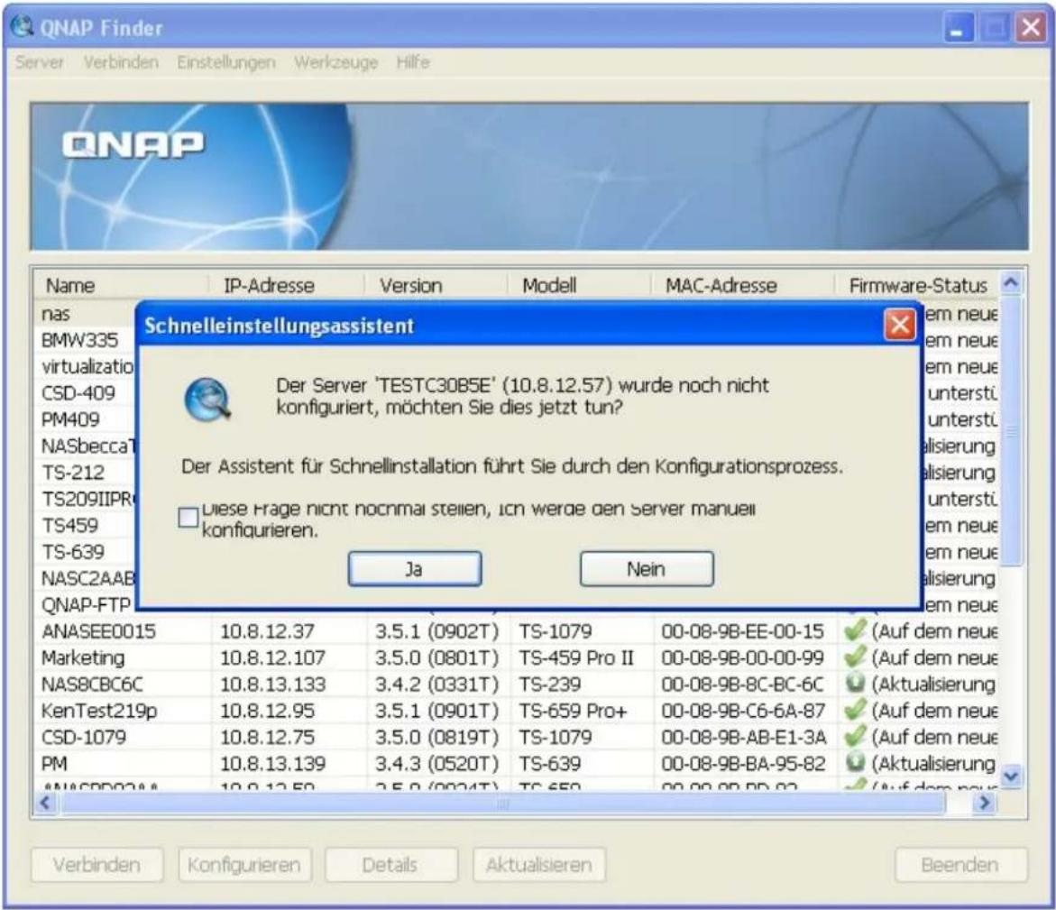 QNAP Finder Server Verbinden Einstellungen Werkzeuge Hilfe Name IP-Adresse Version Modell MAC-Adresse Firmware-Status nas BMW335 virtualizatio CSD-409 PM409 NASbeccaT TS-212 TS209IIPR TS459 TS-639 NASC2AAB QNAP-FTP Schnelleinstellungsassistent Der Server 'TESTC30B5E' (10.8.12.57) wurde noch nicht ko…