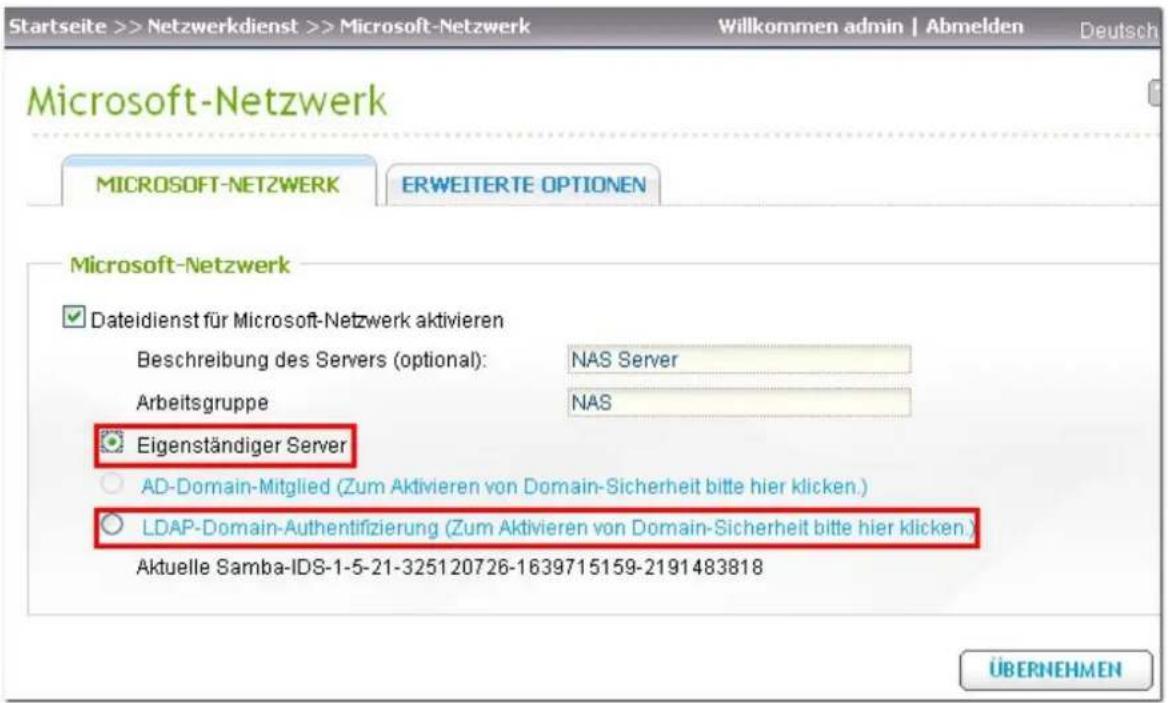 Startseite >> Netzwerkdenst >> Microsoft-Netzwerk Willkommen admin | Abmelden Deutsch Microsoft-Netzwerk MICROSOFT-NETZWERK ERWEITERTE OPTIONEN Microsoft-Netzwerk Dateidienst für Microsoft-Netzwerk aktivieren Beschreibung des Servers (optional): NAS Server Arbeitsgruppe NAS Eigenständiger Server AD-…