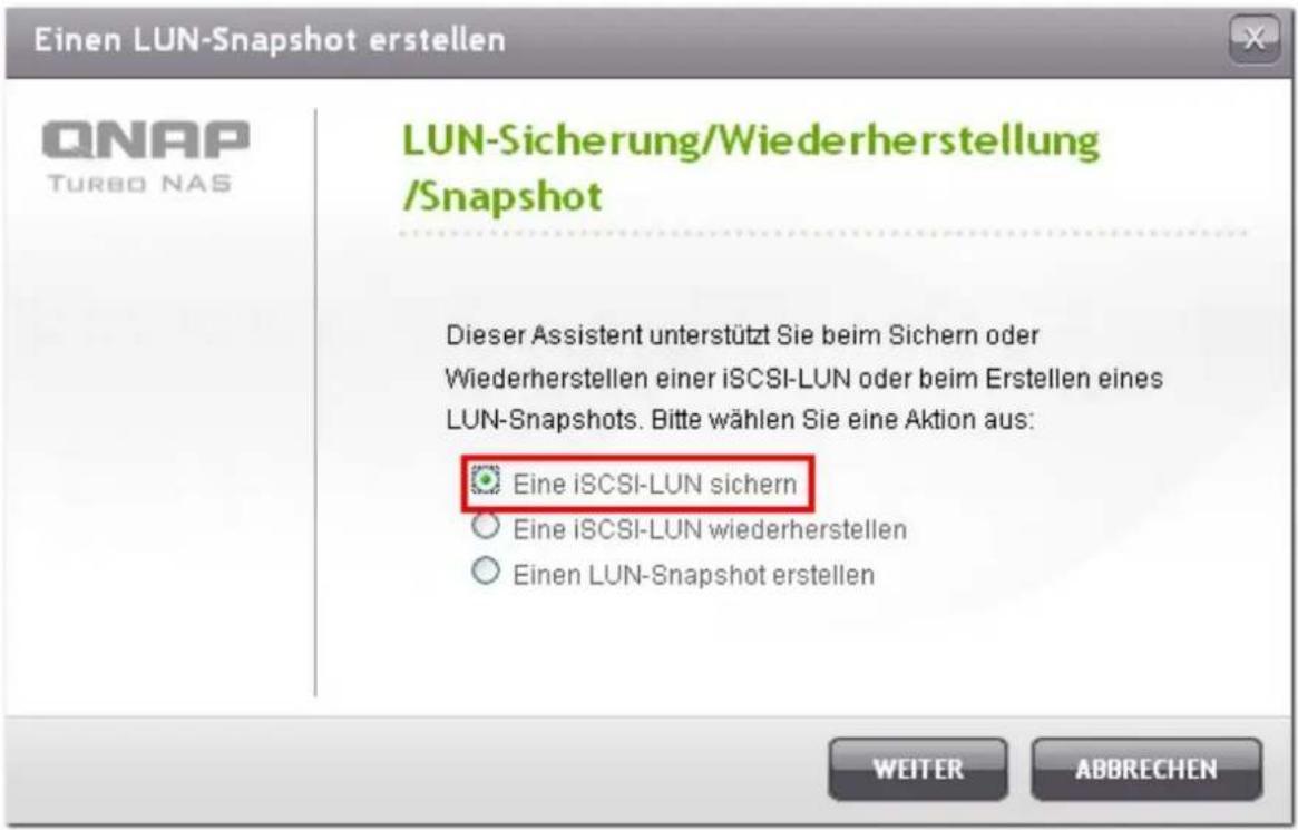 Einen LUN-Snapshot erstellen LUN-Sicherung/Wiederherstellung /Snapshot Dieser Assistent unterstützt Sie beim Sichern oder Wiederherstellen einer iSCSI-LUN oder beim Erstellen eines LUN-Snapshots. Bitte wählen Sie eine Aktion aus: Eine iSCSI-LUN sichern ○ Eine iSCSI-LUN wiederherstellen ○ Einen LUN-S…