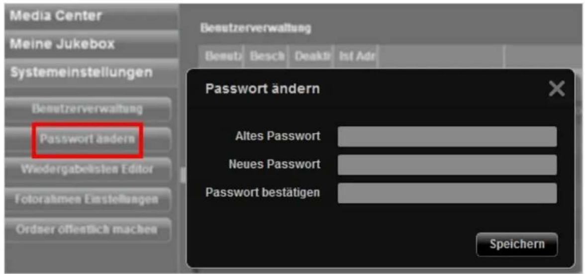 Media Center Meine Jukebox Systemeinstellungen Bensutzerverwaltung Password ändern Wiedergabelisten Editor Folorahmen Einstellungen Ordser öffentlich machen Bensutzerverwaltung Besetz | Besch | Deakt | Ist Adr Password ändern Altes Password Neues Password Password bestätigen Speichern