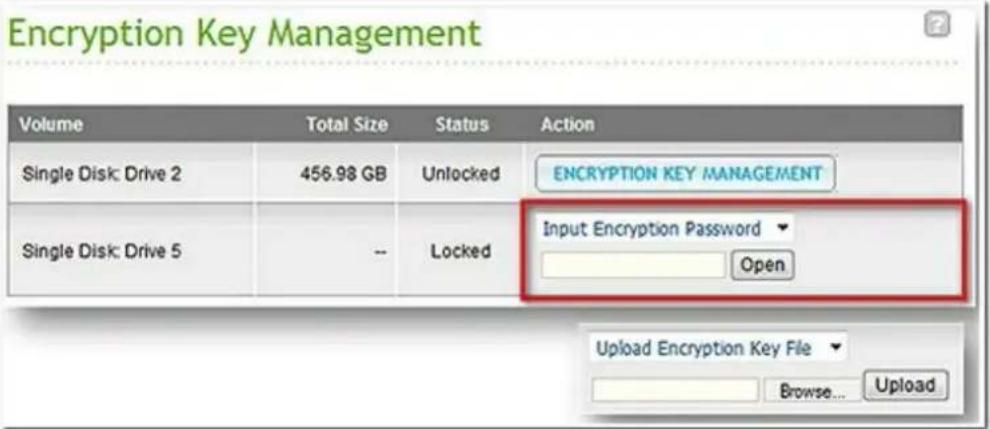Encryption Key Management Volume Total Size Status Action Single Disk: Drive 2 456.98 GB Unlocked ENCRYPTION KEY MANAGEMENT Single Disk: Drive 5 -- Locked.Input Encryption Password ▼ Open Upload Encryption Key File ▼ Browse... Upload