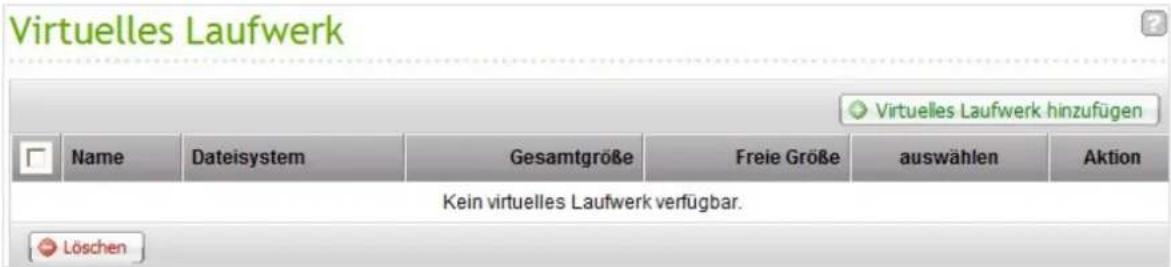 Virtuelles Laufwerk Name Dateisystem Gesamtgröße Freie Größe auswählen Aktion Kein virtuelles Laufwerk verfügbar. Löschen