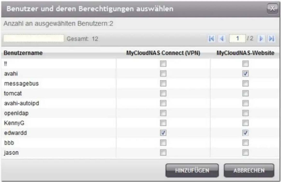 Benutzer und deren Berechtigungen auswählen Anzahl an ausgewählten Benutzern:2 Gesamt: 12 Benutzername MyCloudNAS Connect (VPN) MyCloudNAS-Website !! □ □ avahi □ ✓ messagebus □ □ tomcat □ □ avahi-autoipd □ □ openldap □ □ KennyG □ □ edwardd ✓ ✓ bbb □ □ jason □ □ HINZUFÜGEN ABBRECHEN