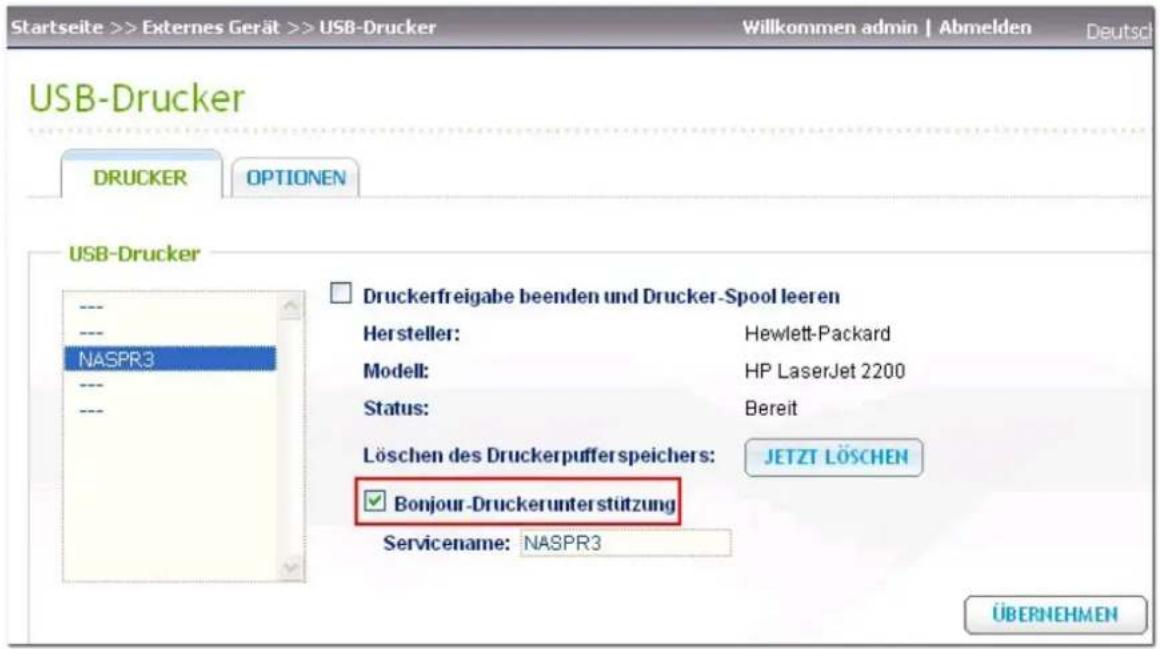 Startseite >> Externes Gerät >> USB-Drucker Willkommen admin | Abmelden Deutsch USB-Drucker DRUCKER OPTIONEN USB-Drucker NASPR3 Druckerfreigabe beenden und Drucker-Spool leeren Hersteller: Hewlett-Packard Modell: HP LaserJet 2200 Status: Bereit Löschen des Druckerpufferspeichers: JETZT LÖSCHEN Bonjo…