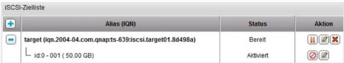 iSCSI-Zielliste Alias (IQN) Status Aktion target (iqn.2004-04.com.qnap:ts-639:iscsi.target01.8d498a) id:0 - 001 ( 50.00 GB) Bereit Aktiviert