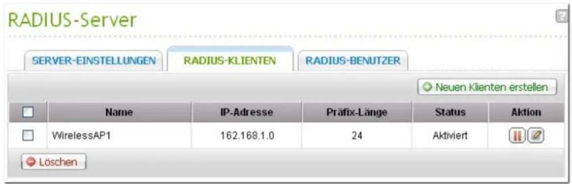 RADIUS-Server SERVER-EINSTELLUNGEN RADIUS-KLIENTEN RADIUS-BENUTZER Neuen Klienten erstellen Name IP-Adresse Prafix-Länge Status Aktion WirelessAP1 162.168.1.0 24 Aktiviert Löschen