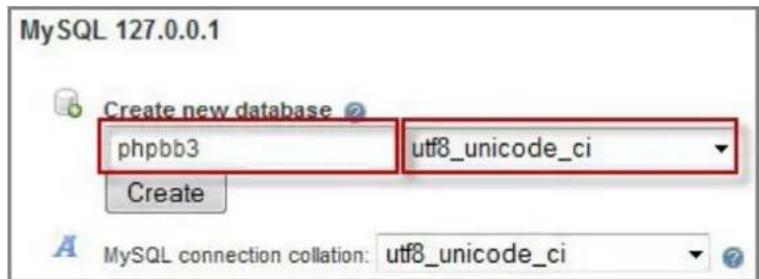 MySQL 127.0.0.1 Create new database ? phpbb3 utf8_unicode_ci Create A MySQL connection collation: utf8_unicode_ci