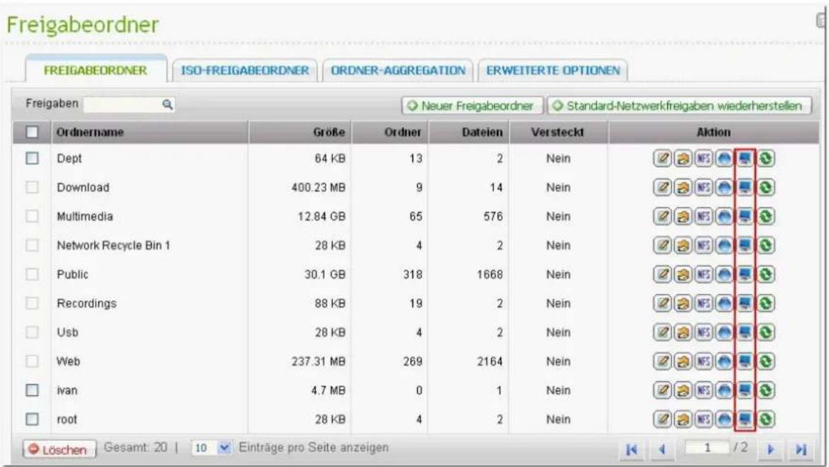 Freigabeordner FREIGABEORDNER ISO-FREIGABEORDNER ORDNER-AGGREGATION ERWEITERTE OPTIONEN Freigaben Neuer Freigabeordner Standard-Netzwerkfreigaben wiederherstellen Ordernname Gröbe Ordner Dateien Versteckt Aktion Dept 64 KB 13 2 Nein Download 400.23 MB 9 14 Nein Multimedia 12.84 GB 65 576 Nein Networ…