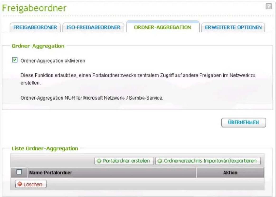 Freigabeordner FREIGABEORDNER ISO-FREIGABEORDNER ORDNER-AGGREGATION ERWEITERTE OPTIONEN Ordner-Aggregation ✓ Ordner-Aggregation aktivieren Diese Funktion erlaubt es, einen Portalordner zwecks zentralem Zugriff auf andere Freigaben im Netzwerk zu erstellen. Ordner-Aggregation NUR für Microsoft Netzwe…