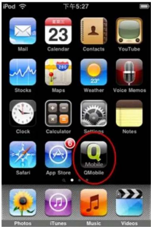 iPod 下午5:27 Mail Calendar Contacts YouTube Stocks Maps Weather Voice Memos Clock Calculator Settings Notes Safari App Store QMobile 6 Photos iTunes Music Videos