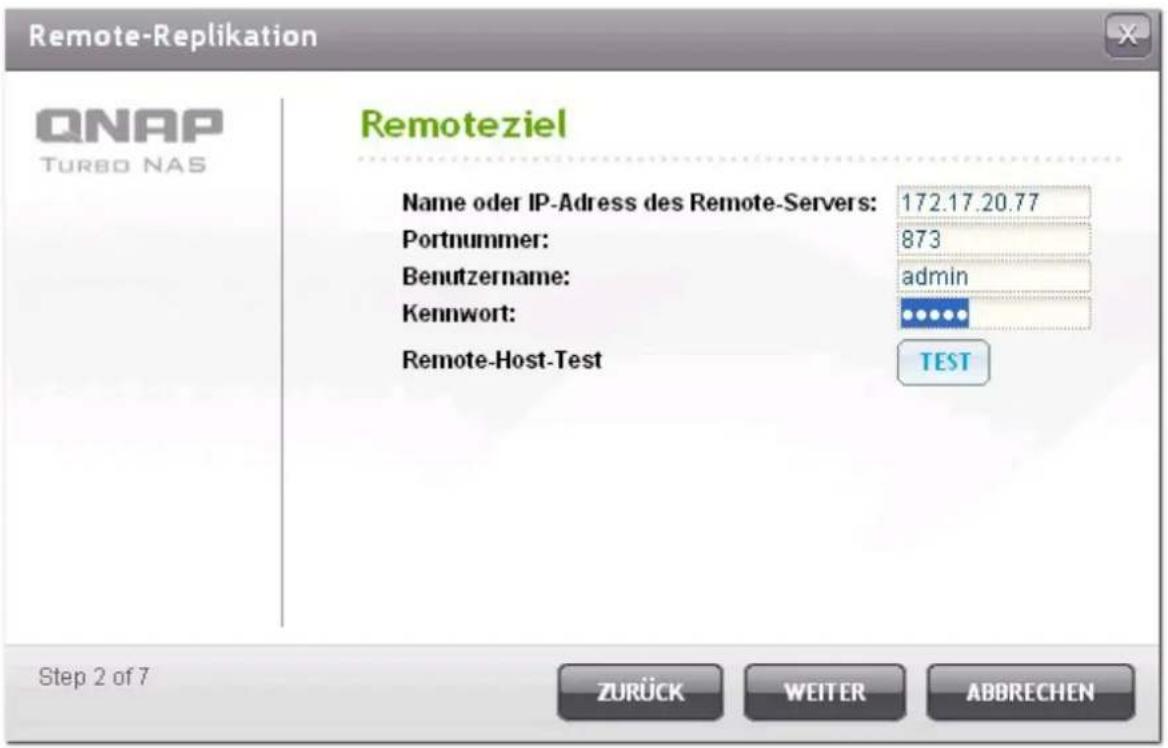 Remote-Replikation QNAP TURBO NAS Remoteziel Name oder IP-Adress des Remote-Servers: 172.17.20.77 Portnummer: 873 Benutzername: admin Kennwort: ...... Remote-Host-Test TEST Step 2 of 7 ZURÜCK WEITER ABBRECHEN