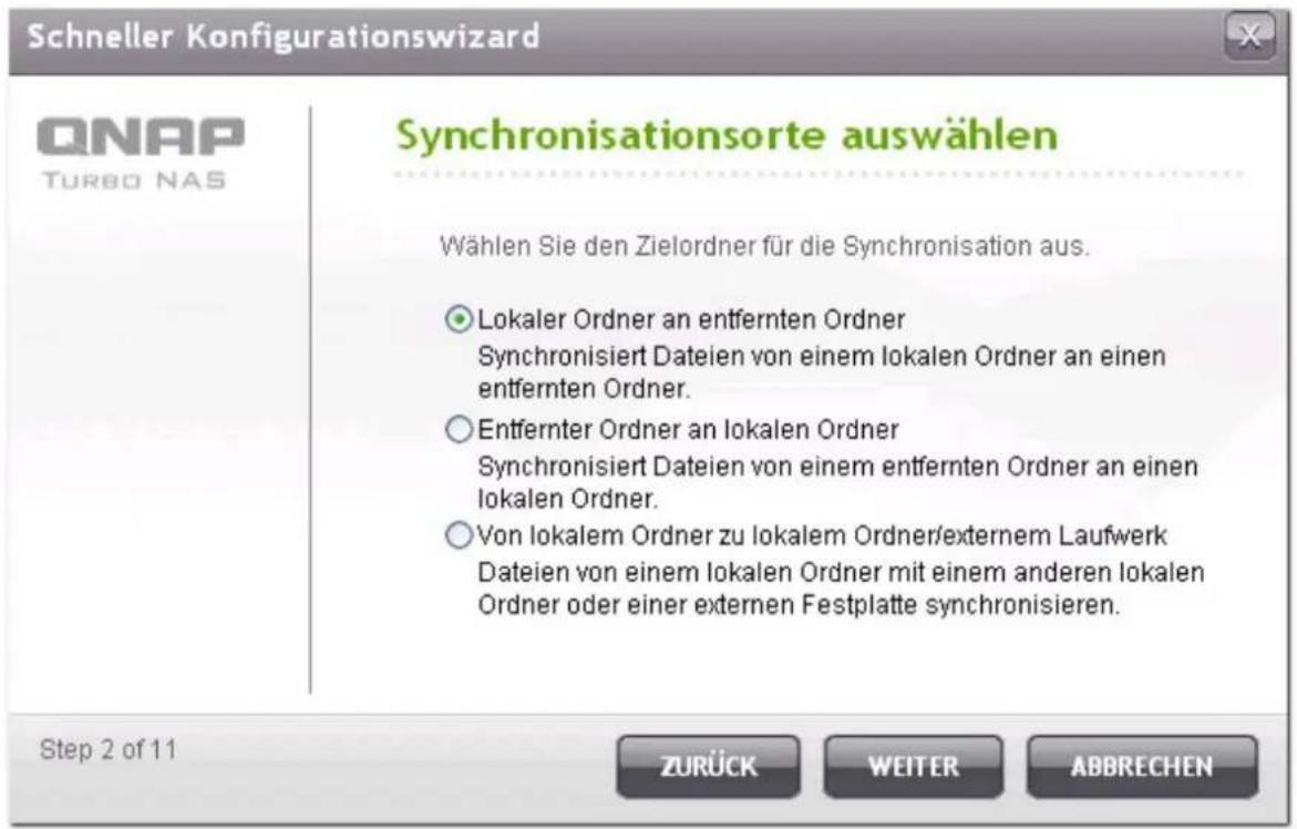 Schneller Konfigurationswizard QNAP TURBO NAS Synchronisationsorte auswählen Wählen Sie den Zielordner für die Synchronisation aus. Lokaler Ordner an entfernten Ordner Synchronisiert Dateien von einem lokalen Ordner an einen entfernten Ordner. Entfernter Ordner an lokalen Ordner Synchronisiert Datei…