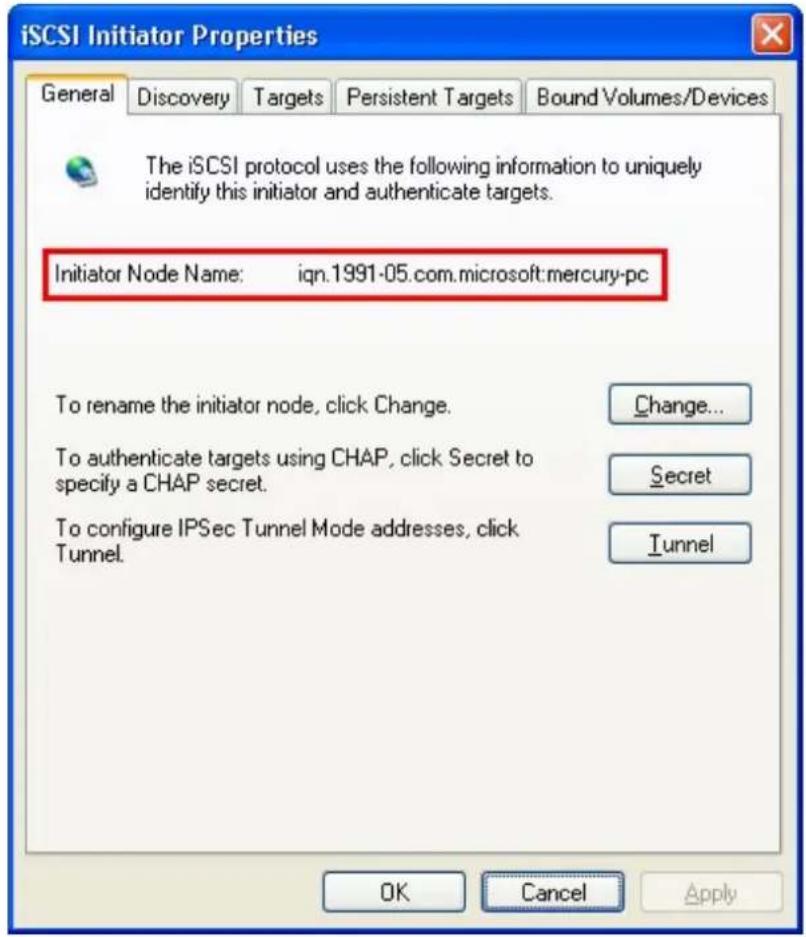 iSCSI Initiator Properties General Discovery Targets Persistent Targets Bound Volumes/Devices The iSCSI protocol uses the following information to uniquely identify this initiator and authenticate targets. Initiator Node Name:SQn.1991-05.com.microsoft:mercury-pc To rename the initiator node, click C…