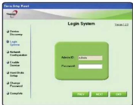 Tensu Setup Wizard Tensu Login System Version 1.2.0 Device Discovery Login System Network Configuration Enable Service Hand-Dinks Setup Change Password Complete Admin ID: admin Password: PREV NEXT END