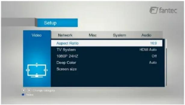 Setup Video Network Misc System Audio Aspect Ratio 16:9 TV System HDMI Auto 1080P 24HZ Off Deep Color Auto Screen size