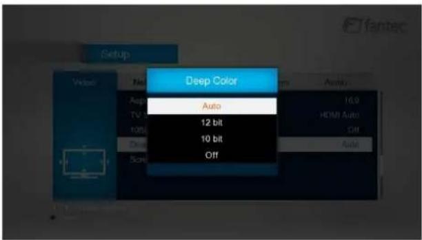 Setup Video No Auto 10.9 HDMI Auto 10bit Off Deep Color 12 bit 10 bit Auto Off
