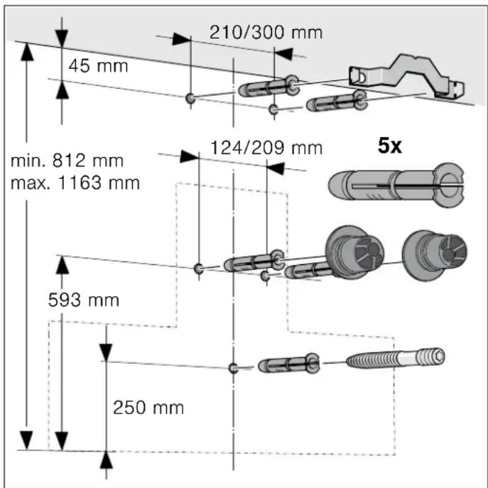 210/300 mm 45 mm min. 812 mm max. 1163 mm 124/209 mm 5x 593 mm 250 mm