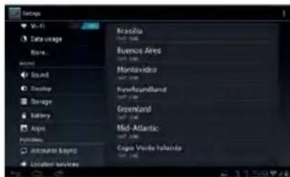 Settings Vit-01 Data usage Name... BURENT Sound Display Storage Battery Apps Properties Accounter Apps Location services Brasilia BUENO Aires Montevideo Hyperboundband Greenland Mid-Atlantic Cape Verde Islands