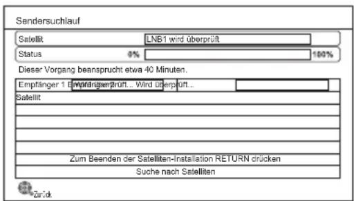 Sendersuchlauf Satellit LNB1 wird überprüft Status 9% 100% Dieser Vorgang beansprucht etwa 40 Minuten. Empfänger 1 Empfängerüberprüft... Wird überprüft... Satellit Zum Beenden der Satelliten-Installation RETURN drücken Suche nach Satelliten Zurück