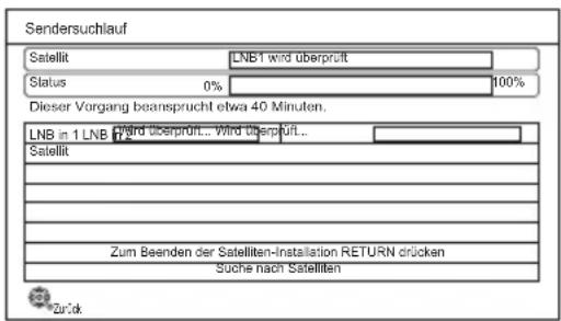 Sendersuchlauf Satellit LNB1 wird überprüft Status 0% 100% Dieser Vorgang beansprucht etwa 40 Minuten. LNB in 1 LNB Wird überprüft... Wird überprüft... Satellit Zum Beenden der Satelliten-Installation RETURN drücken Suche nach Satelliten Zurück