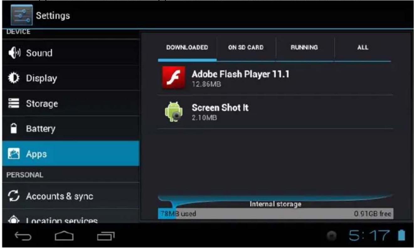 Settings DEVICE Sound Display Storage Battery Apps PERSONAL Accounts & sync Location services DOWNLOADED ON SD CARD RUNNING ALL Adobe Flash Player 11.1 12.86MB Screen Shot It 2.10MB Internal storage 78MB used 0.91GB free 5:17