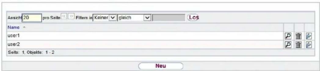 Ansicht 20 pro Seite Filtern in Keiner gleich Los Name user1 user2 Seite: 1, Objekte: 1 - 2 Neu