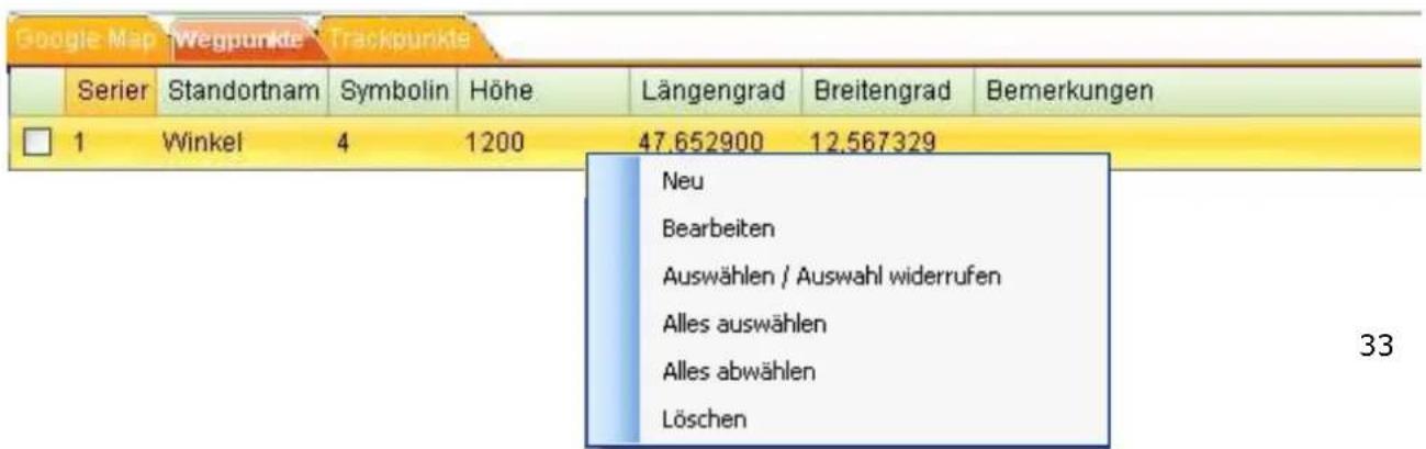 Google Map Wegpunkte Trackpunkte Serier Standortnam Symbolin Höhe Längengrad Breitengrad Bemerkungen 1 Winkel 4 1200 47.652900 12.567329 Neu Bearbeiten Auswählen / Auswahl widerrufen Alles auswählen Alles abwählen Löschen 33