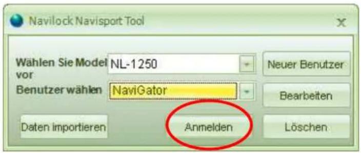 Navilock Navisport Tool Wählen Sie Model vor Neli-1250 Neuer Benutzer Benutzer wählen NaviGator Bearbeiten Daten importieren Anmelden Löschen