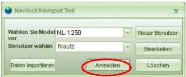 Navilock Navisport Tool Wählen Sie Model vor NL-1250 Benutzer wählen fkautz Deaten importieren Anmelden Neuer Benutzer Bearbeiten Löschen