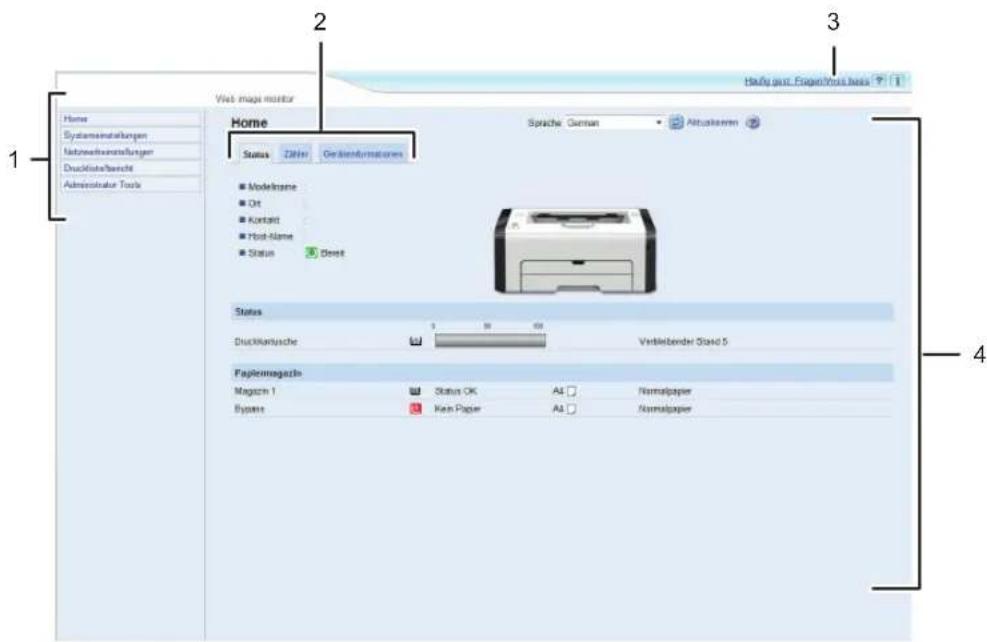 Web image monitor Home Sprache: German Aktualtern Status Zähn Gesäkformations Modelname Ort Kontakt Post-Name Status Dreit Status Duckkartsuche Verklebender Stand 5 Faplemogasto Magazin 1 Status OK Alt □ Narmalpaper System Kahn Paper Alt □ Narmalpaper