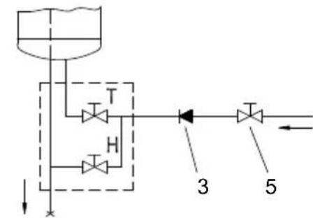 Technical schematic diagram of a fluid system with labeled components and directional arrows