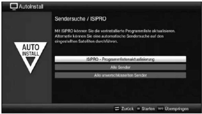 AutoInstall Sendersuche / ISI PRO Mit ISI PRO können Sie die vorinstallierte Programmliste aktualisieren. Alternativ können Sie eine automatische Sendersuche auf den eingestellten Satelliten durchführen. ISIPRO - Programmlistenaktualisierung Alle Sender Alle unverschlusseiten Sender Zurück Starten INFO Überspringen