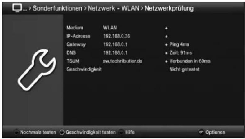 Sonderfunktionen > Netzwerk - WLAN > Netzwerkprüfung Medium WLAN + IP-Adresse 192.168.0.36 + Gateway 192.168.0.1 + Ping 4ms DNS 192.168.0.1 + Zeit: 91ms TSUM sw.technibutler.de + Verbunden in 60ms Geschwindigkeit Nicht getestet Nochmais testen Geschwindigkeit testen Hilfe Optionen